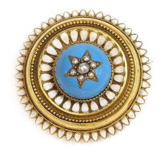 A Victorian gold split pearl and enamel circular shield form brooch, c.1860,