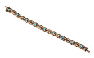 A Victorian turquoise set fancy hollow curb bracelet,