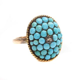 A Victorian diamond and turquoise oval bombé cluster head,