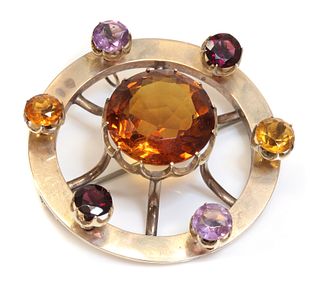 A Scottish gold gemstone set wheel form brooch/pendant, c.1880,
