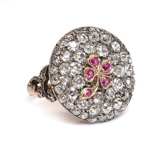 A Victorian ruby and diamond four leaf clover, circular cluster,