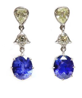 A pair of sapphire and diamond drop earrings,