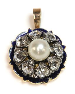 A Victorian pearl, diamond and enamel pendant,