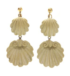 A pair of Victorian buff coloured lava cameo shell drop earrings,