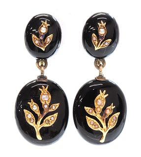 A pair of Victorian onyx and split pearl drop earrings,