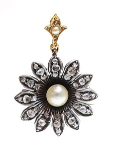 A late Victorian pearl and diamond flowerhead brooch, c.1890,