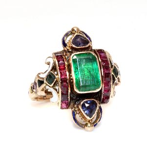 A French Renaissance Revival style gemstone and enamel ring,