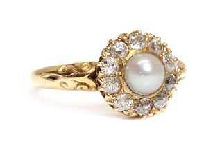 A gold late Victorian pearl and diamond circular cluster ring,