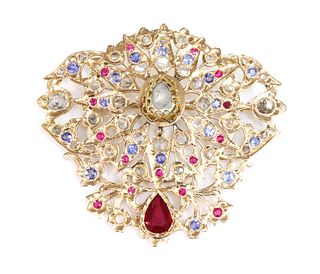 An Indian high carat gold diamond, ruby, synthetic ruby and sapphire brooch,
