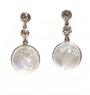 A pair of moonstone and diamond 'man in the moon' drop earrings,