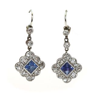 A pair of sapphire and diamond cluster drop earrings,