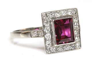 An Art Deco ruby and diamond rectangular cluster ring,