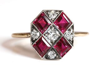 An Art Deco diamond and synthetic ruby plaque ring,