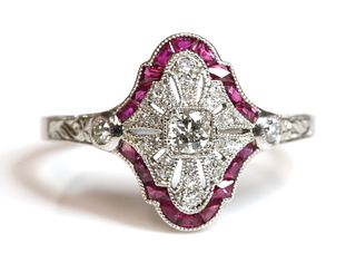 An American Art Deco-style ruby and diamond plaque ring,