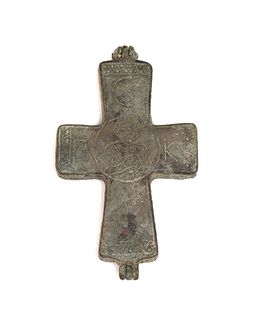 A Byzantine bronze enkolpion reliquary cross pendant,