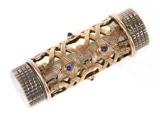 A silver, gold and sapphire set lipstick holder, attributed to Boucheron,