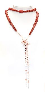 A coral, moonstone, cultured freshwater pearl and sunstone sautoir,