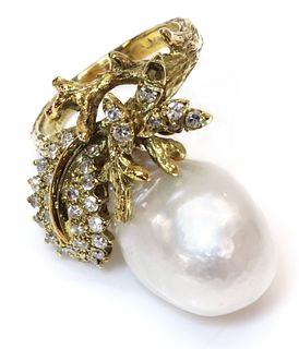 A cultured South Sea pearl and diamond ring, c.1970,