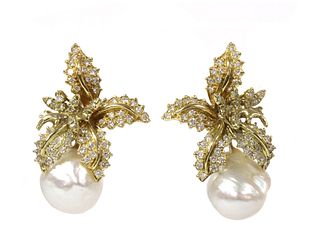 A pair of Continental cultured South Sea pearl and diamond earrings,
