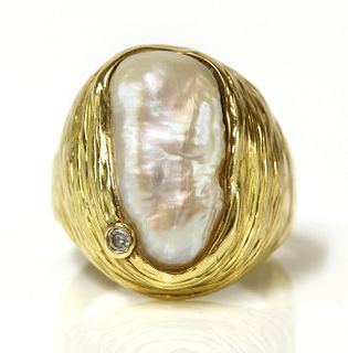 A cultured freshwater pearl or cultured Biwa pearl and diamond ring,