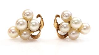 A pair of cultured pearl cluster earrings,