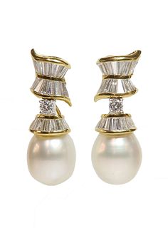 A pair of cultured South Sea pearl and diamond drop earrings,