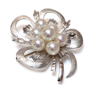 A white gold cultured pearl brooch, by Mikimoto,