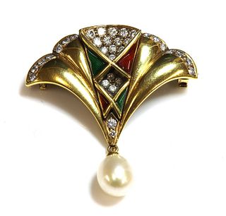 An 18ct gold diamond, cultured freshwater pearl and enamel brooch, c.1990