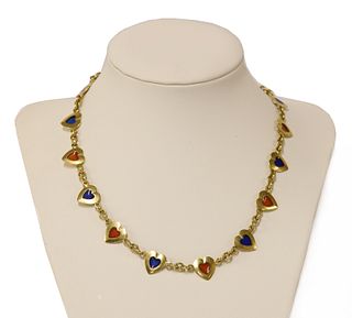 A gold enamel heart link necklace,