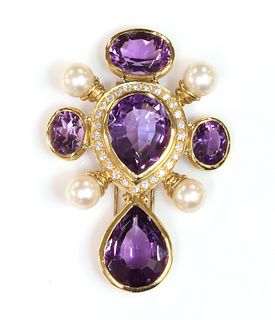 An amethyst, diamond and cultured pearl cruciform brooch,
