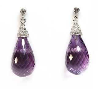 A pair of white gold amethyst and diamond drop earrings,