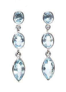 A pair of white gold aquamarine and blue topaz drop earrings,