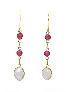 A pair of gold moonstone and ruby drop earrings,