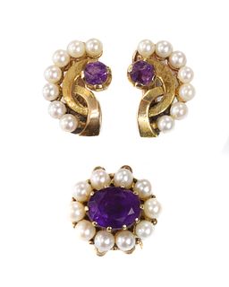 A pair of gold amethyst and cultured pearl clip earrings,
