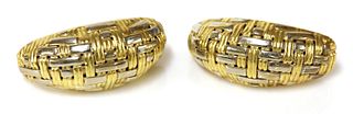 A pair of yellow and white gold basket weave tapered half hoop style earrings,