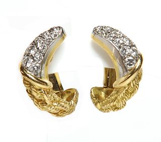 A pair of French gold diamond set earrings,
