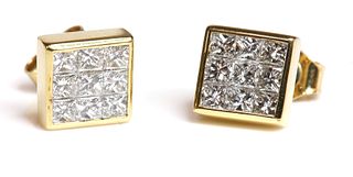 A pair of nine stone princess cut diamond square cluster earrings,