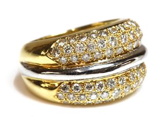 An 18ct two colour gold diamond set two row bombé ring,