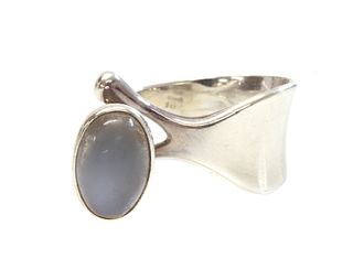 A sterling silver single stone moonstone ring, by Georg Jensen,