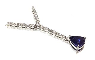 A white gold sapphire and diamond 'Y' shaped pendant,