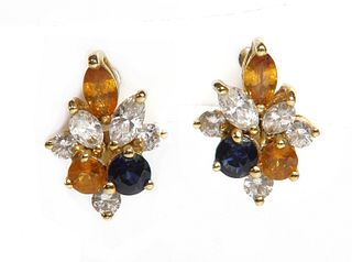 A pair of French 18ct gold diamond and vari-coloured sapphire cluster earrings,
