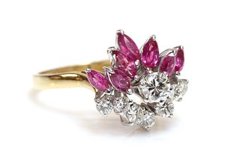 A diamond and ruby spray style cocktail cluster ring, c.1970,