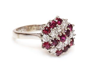 A ruby and diamond hexagonal cluster ring, c.1970,