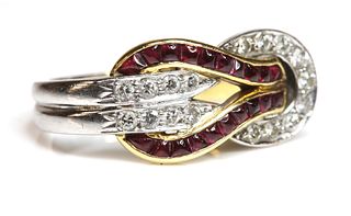 An 18ct two colour gold ruby and diamond Knot of Heracles ring,