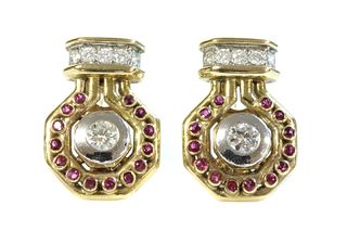 A pair of 9ct gold diamond and ruby earrings,