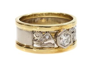 An 18ct two colour gold single stone diamond band ring,