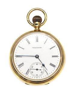 An 18ct gold Waltham top wind open faced pocket watch,