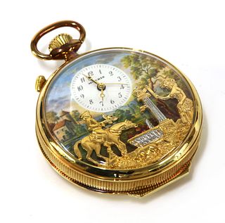 A gold-plated Moeris Reuge à Sainte-Croix musical automaton open-faced alarm top wind pocket watch, c.1980,