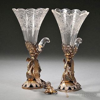 Two German Glass Vases on .800 Silver-gilt Stands