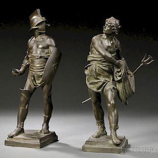 After Eugene Marioton (French, 1854-1933)       Two Bronze Figures: Warrior and Fisherman